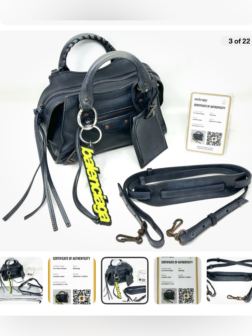 Balenciaga Blue Mini City Bag with Yellow Logo Keychain